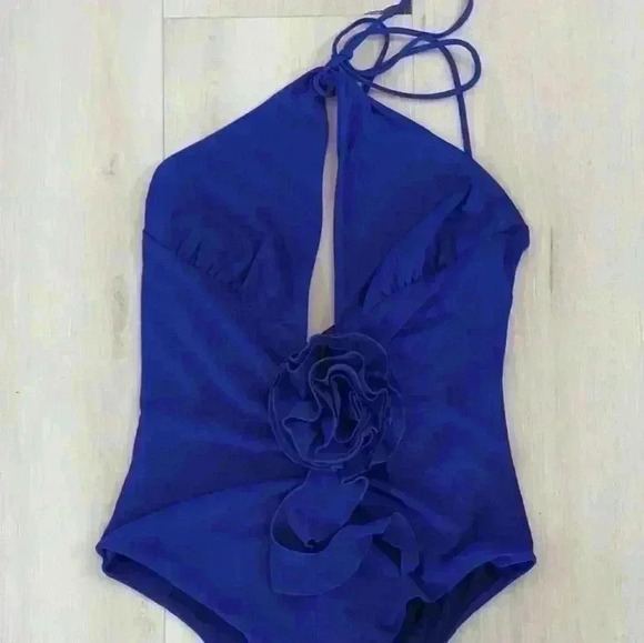 ZARA | Women's Royal Blue Flower Tie Ruffled Halter Bodysuit - Picture 4 of 8